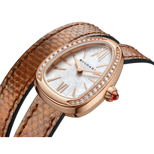 Serpenti watch with 18 kt rose gold case set with brilliant cut diamonds, white mother-of-pearl dial and interchangeable double spiral bracelet in brown karung leather. 102727 image 3