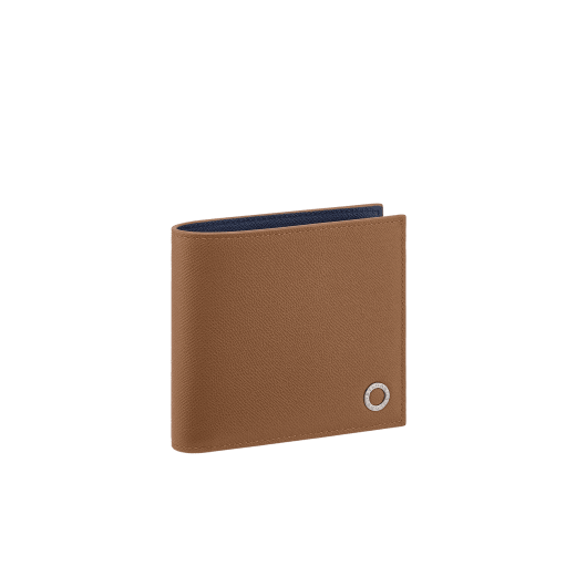 Bvlgari Bvlgari Man compact wallet in grain calf leather, desert jasper on the outside and denim sapphire on the inside. Iconic palladium-plated brass embellishment and folded closure. BBM-WLT-ITAL-R image 1