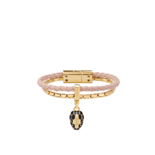 Serpenti Forever bracelet in star rose pink braided calf leather and gold-plated brass chain with magnetic clasp closure. Captivating snakehead charm with black and transparent enamel scales, and black enamel eyes. SERP-BRAIDCHAIN-D image 1