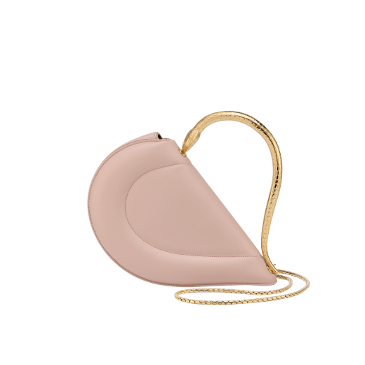 Serpenti Cuore 1968 medium top handle bag in star rose pink calf leather with crystal rose nappa leather lining. Captivating snake body-shaped top handle in gold-plated brass embellished with engraved scales and zirconia eyes; press-button closure. 294801 image 1