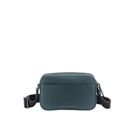 BULGARI Man small camera bag in black smooth and grainy metal-free calf leather with Olympian sapphire blue regenerated nylon (ECONYL®) lining. Dark ruthenium-plated brass hardware, hot stamped BULGARI logo and zipped closure. BMA-1206-CL image 3