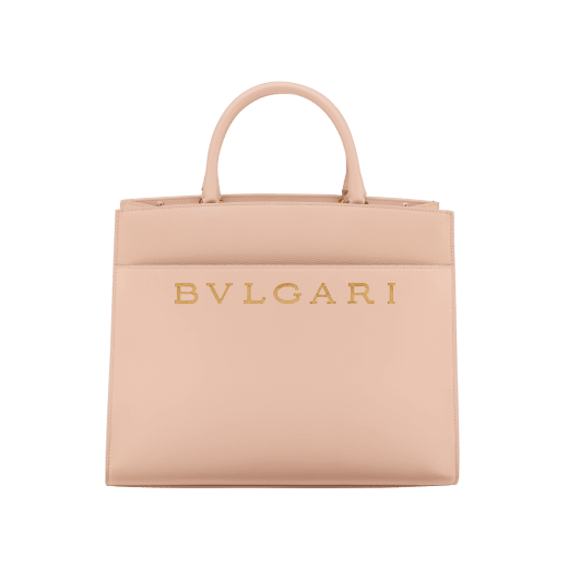 Bulgari Logo medium tote bag in foggy opal grey smooth and grained calf leather with linen agate beige grosgrain lining. Iconic Bulgari logo decorative chain in light gold-plated brass, with hook fastening. BVL-1250-CLL image 1