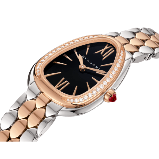 Serpenti Seduttori watch with stainless steel case, 18 kt rose gold bezel set with 38 round brilliant-cut diamonds, black lacquered dial, stainless steel and 18 kt rose gold bracelet with folding buckle. Water-resistant up to 30 metres 103951 image 2