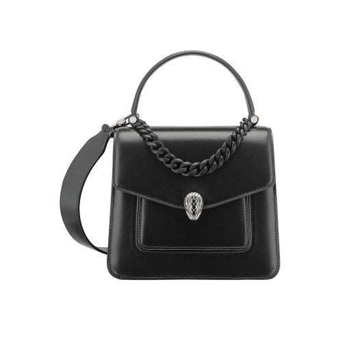 "Serpenti Forever" small maxi chain top-handle bag in black nappa leather, with black nappa leather inner lining. New Serpenti head closure in dark ruthenium-plated brass and finished with small black onyx scales in the middle and red enamel eyes. 1133-MCNa image 1