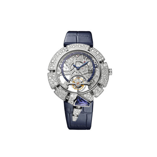 Serpenti Incantati Tourbillon watch with manufacture mechanical skeletonized movement, manual winding, 18 kt white gold case set with brilliant cut diamonds and a tanzanite, transparent dial and blue alligator bracelet. 102723 image 1