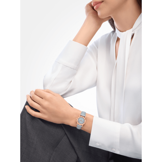 Bvlgari Bvlgari watch with 18 kt rose gold case and bezel engraved with double logo, icy blue marble dial, 12 diamond indexes and light blue alligator bracelet. Water-resistant up to 30 metres 104191 image 1