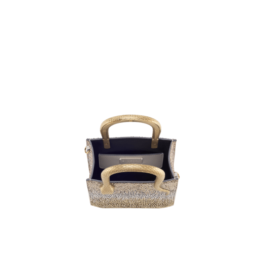 Serpentine mini tote bag in natural suede with different-size degradé gold crystals and black nappa leather lining. Captivating snake body-shaped handles in gold-plated brass embellished with engraved scales and red enamel eyes. SRN-1223-CDS image 4