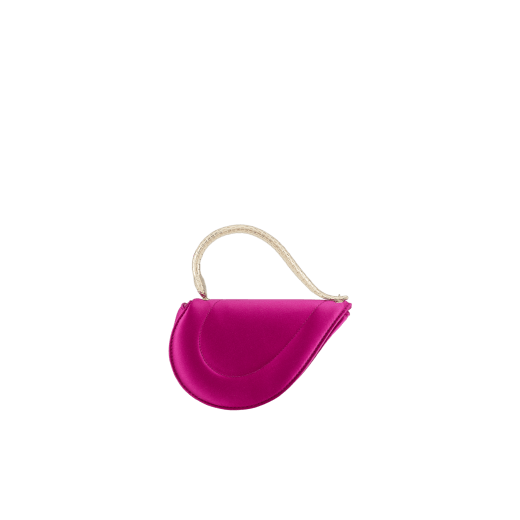 Serpenti Cuoricino mini top handle bag in magenta satin with magenta nappa leather lining. Captivating snake body-shaped top handle in light gold-plated brass embellished with engraved scales; press-button closure. SRN-001-1366XS image 4