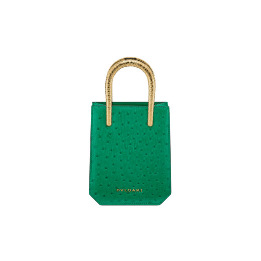 Serpentine mini tote bag in vivid emerald green shiny ostrich skin with vivid emerald green nappa leather lining. Captivating snake body-shaped handles in gold-plated brass embellished with engraved scales and red enamel eyes. 293262 image 3