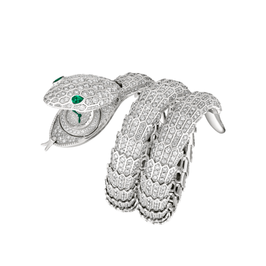 Serpenti Misteriosi High Jewellery watch with mechanical manufacture micro-movement with manual winding, 18 kt white gold case and bracelet set with diamonds and emerald eyes, and pavé-set diamond dial 103795 image 3