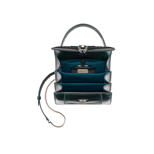 “Serpenti Forever ” top handle bag in Forest Emerald green shiny karung skin with Zircon bay blue gros grain internal lining. Iconic snakehead closure in light gold plated brass enriched with black and white agate enamel and green malachite eyes 1122-SK image 3