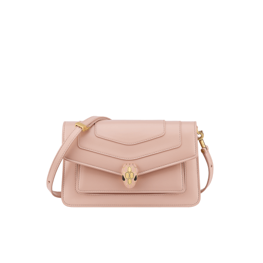 Serpenti Forever East-West small shoulder bag in star rose pink calf leather with crystal rose gros grain lining. Captivating snakehead magnetic closure in gold-plated brass embellished with crystal rose enamel and gold-plated brass scales, and black onyx eyes. 294567 image 1