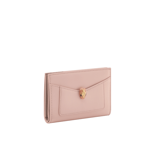 Serpenti Forever folded card holder in light gold Striated calf leather with linen agate nappa leather interior. Captivating snakehead décor in light gold-plated brass embellished with champagne enamel and light gold-plated brass scales, and black enamel eyes; press-button closure. SEA-CC-HOLD-FOLD-R image 1
