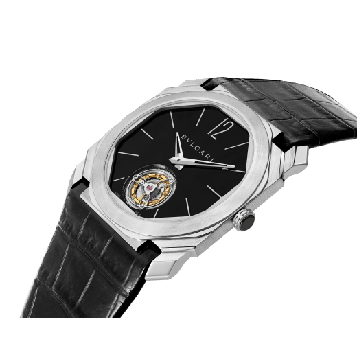 Octo Finissimo Tourbillon watch with extra thin mechanical manufacture movement and manual winding, platinum case, black lacquered dial and black alligator bracelet. 102138 image 4