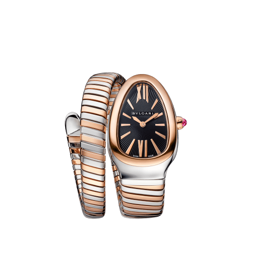 Serpenti Tubogas Uhr mit einfach geschwungenem Armband, Gehäuse und Armband aus 18 Karat Roségold und Edelstahl und mit schwarzem Opalin-Zifferblatt. SERPENTI-TUBOGAS-1T-BlackDial image 1