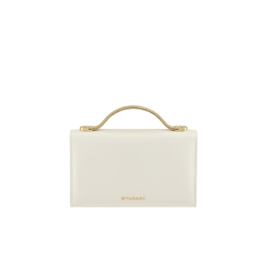 Tubogas Top Handle bag in Perla White calf leather with Perla White nappa leather lining. Iconic Tubogas handle in gold-finished brass with Parentesi details both set with zirconia and a clasp closure. 295714 image 2