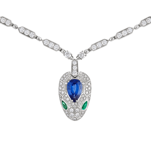 Serpenti 18 kt white gold necklace set with a blue sapphire on the head, emerald eyes and pavé diamonds 355354 image 4