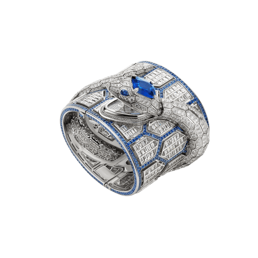 Serpenti Misteriosi Romani watch with 18 kt white gold handcuff set with baguette-cut sapphires and diamonds, body of a snake in 18 kt white gold set with round brilliant-cut diamonds, an oval faceted sapphire and two pear shaped sapphire eyes, and dial fully set with round brilliant-cut diamonds 102987 image 1