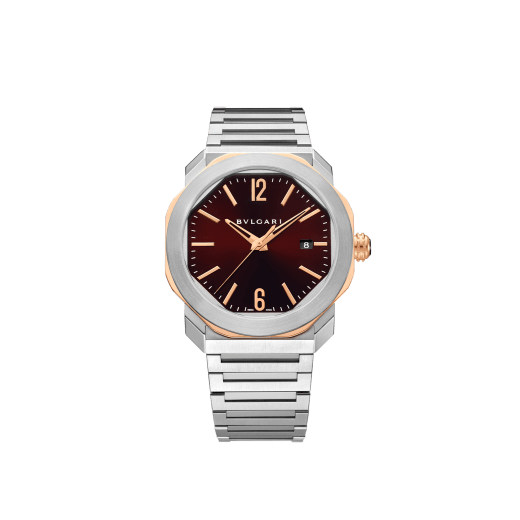 Octo Roma watch with mechanical manufacture movement, automatic winding, stainless steel case and bracelet, 18 kt rose gold octagon and brown dial. Water resistant up to 50 metres 103210 image 1