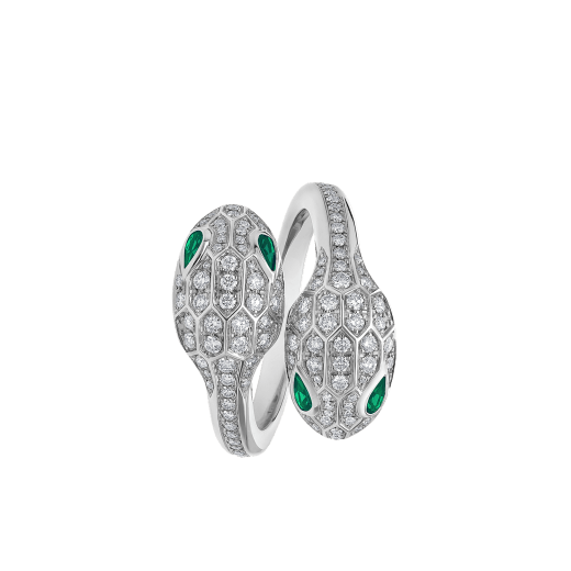 Serpenti Seduttori 18 kt white gold double head ring set with emerald eyes and pavé diamonds AN859006 image 2
