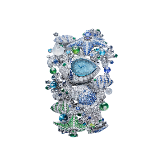 Giardino Marino Piccolo High Jewellery watch with mechanical manufacture micro-movement with manual winding, 18 kt white gold case and bracelet set with diamonds, emeralds, sapphires, Paraiba tourmalines, tanzanites, green tourmalines, tsavorites, topazes, peridots, rock crystals and see-through topaz dial 103875 image 1