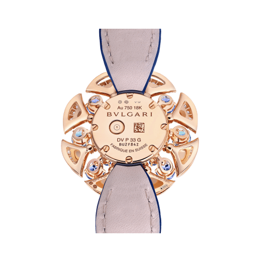 DIVAS' DREAM watch with 18 kt rose gold case set with round brilliant-cut diamonds, topazes and tanzanites, white mother-of-pearl dial and blue alligator bracelet. Water resistant up to 30 metres 103752 image 3