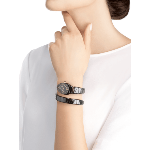 Serpenti Spiga single spiral watch with black ceramic case, black lacquered dial and black ceramic bracelet set with 18 kt rose gold elements. 102734 image 3