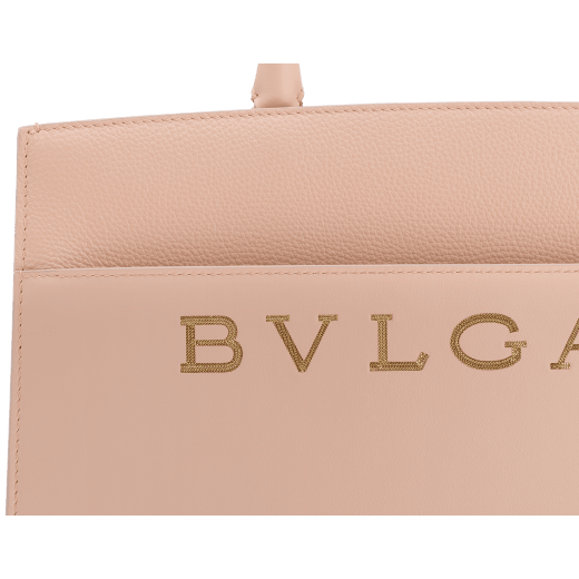 Bulgari Logo medium tote bag in foggy opal grey smooth and grained calf leather with linen agate beige grosgrain lining. Iconic Bulgari logo decorative chain in light gold-plated brass, with hook fastening. BVL-1250-CLL image 5