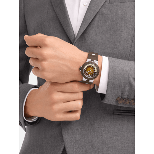 Bvlgari Aluminium GMT x Fender® watch with mechanical movement, automatic winding, GMT 24h function, 40 mm aluminium case, brown rubber bezel and bracelet, and brown and cream gradient dial. Limited Edition of 1.200 pieces 104117 image 1