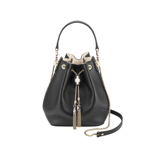 Bucket Serpenti Forever in black smooth calf leather and milky opal nappa internal lining. Hardware in light gold plated brass and snakehead closure in black and white enamel, with eyes in black onyx. 934-CLa image 1