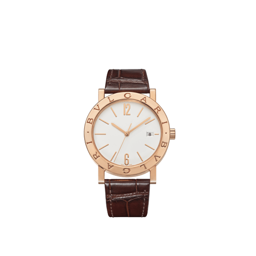 BULGARI BULGARI watch with mechanical automatic in-house movement, 18 kt rose gold case and bezel engraved with double logo, white opaline dial and brown alligator bracelet. Water-resistant up to 50 metres 103968 image 1
