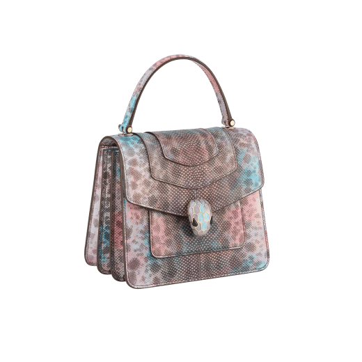 “Serpenti Forever ” top handle bag in Forest Emerald green shiny karung skin with Zircon bay blue gros grain internal lining. Iconic snakehead closure in light gold plated brass enriched with black and white agate enamel and green malachite eyes 1122-SK image 2