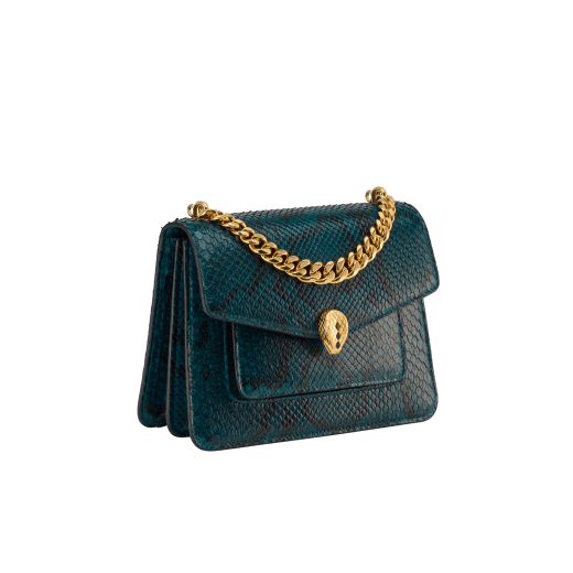 Serpenti Forever Maxi Chain small crossbody bag in anemone spinel pinkish red soft shiny python skin with black nappa leather lining. Captivating magnetic snakehead closure in gold-plated brass embellished with black onyx scales and red enamel eyes. 1134-SSP image 2