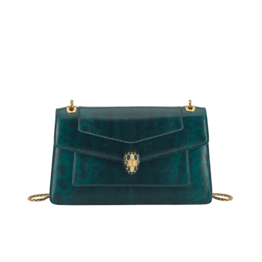Serpenti Forever medium shoulder bag in forest emerald shiny karung with black nappa leather lining. Captivating snakehead magnetic closure in gold-plated brass embellished with forest emerald enamel and gold-plated brass scales, and black onyx eyes. 295625 image 1