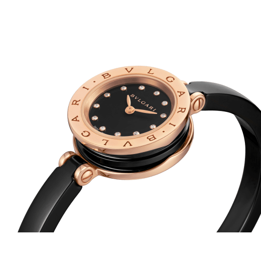 B.zero1 watch with 18 kt rose gold and black ceramic case, black lacquered dial set with diamond indexes, black ceramic bangle and 18 kt rose gold clasp. B01watch-black-black-dial2 image 3