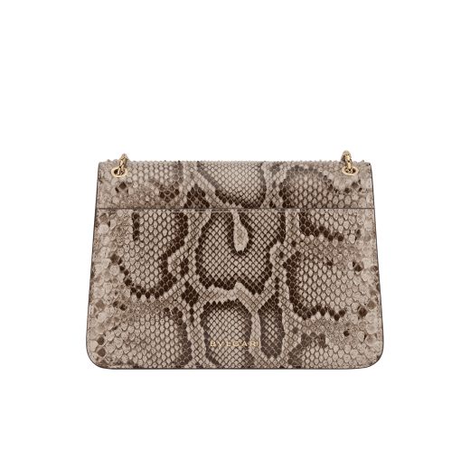 Serpenti Forever medium shoulder bag in foggy opal grey shiny python skin with crystal rose nappa leather lining. Captivating snakehead magnetic closure in light gold-plated brass embellished with black enamel and light gold-plated brass scales, and black onyx eyes. 293336 image 3