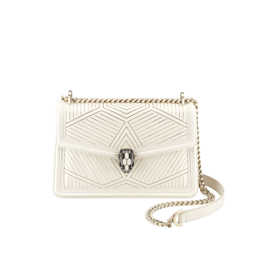“Serpenti Diamond Blast” shoulder bag in white agate calf leather, featuring a Whispy Chain motif in light gold finishing. Iconic snakehead closure in light gold plated brass enriched with black and white agate enamel and black onyx eyes. 922-WC image 1