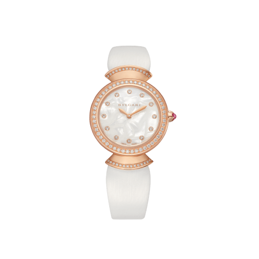 DIVAS' DREAM watch with 18 kt rose gold case set with brilliant-cut diamonds, natural acetate dial, diamond indexes and white satin bracelet 102433 image 1