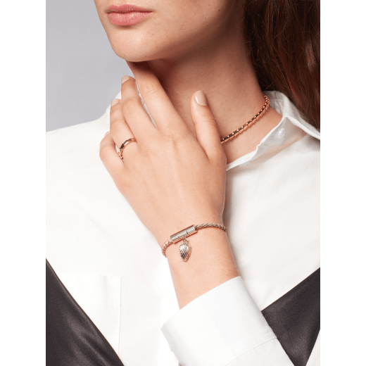 Serpenti Forever bracelet in champagne braided calf leather. Captivating light gold-plated brass snakehead charm embellished with red enamel eyes, attached to the front clasp. SERP-HERBRAID-WCL-C image 2
