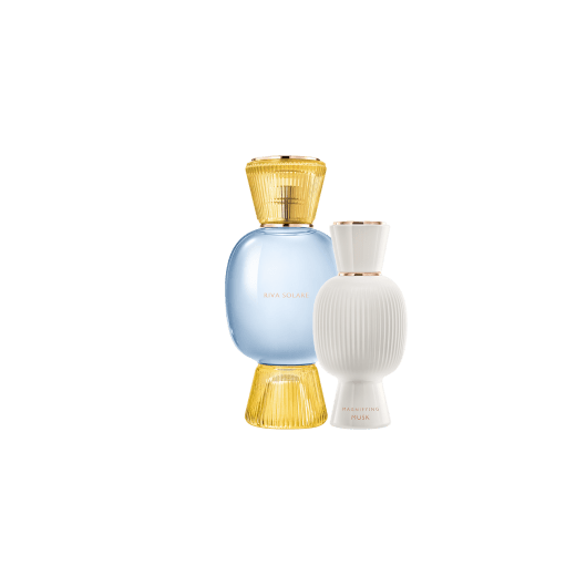 
An exclusive perfume set, as bold and unique as you. The sparkling citrus Riva Solare Allegra Eau de Parfum blends with the warm touch of the Magnifying Musk Essence, creating an irresistible personalised women's perfume.  Perfume-Set-Riva-Solare-Eau-de-Parfum-and-Musk-Magnifying image 1
