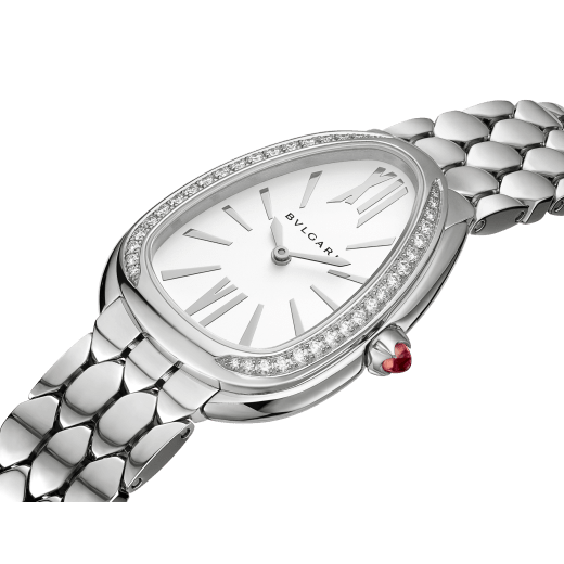 SERPENTI SEDUTTORI Lady Watch 33 mm stainless steel case and bezel set with diamonds. stainless steel crown set with a cabochon-cut pink rubellite, white silver opaline dial, stainless steel bracelet and folding buckle. Quartz movement, hours and minutes functions. Water-resistant up to 30 metres. 103361 image 2