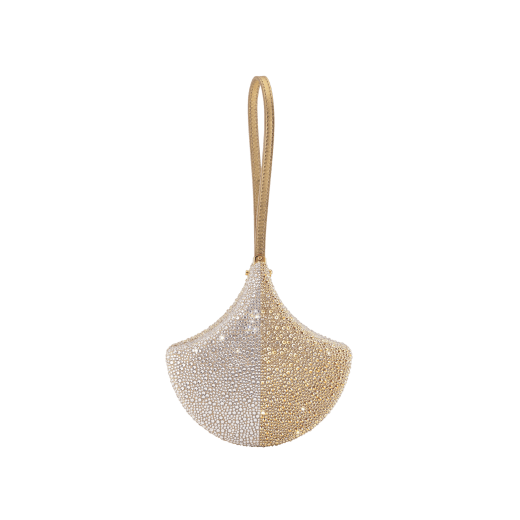 Ginkgo clutch in silver and champagne gold Neige Pavé Crystals applied on suede with Bright Travertino nappa leather lining and a leather wristlet. 295170 image 2