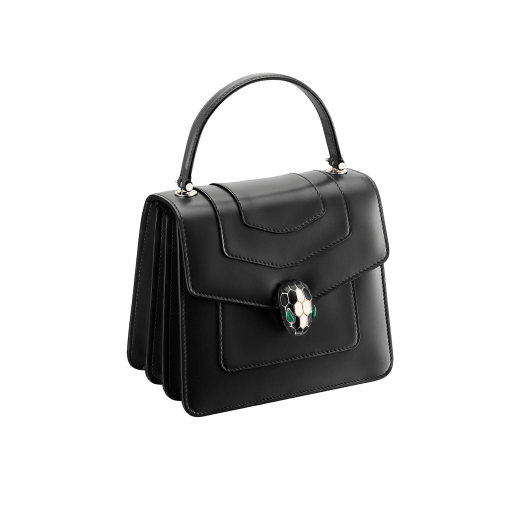 “Serpenti Forever ” top-handle bag in Lavender Amethyst lilac calf leather with Reef Coral red grosgrain inner lining. Iconic snakehead closure in light gold-plated brass embellished with black and white agate enamel and green malachite eyes 1122-CLa image 2