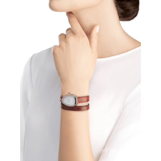 Serpenti watch with stainless steel case set with round brilliant-cut diamonds, white mother-of-pearl dial and interchangeable double spiral bracelet in red karung leather 102920 image 3