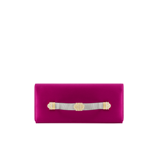 Bvlgari Tubogas evening clutch in black satin with black nappa leather lining. Iconic Tubogas handle in gold-plated brass embellished with zirconia and a magnetic closure. TGC-001-1382S image 1