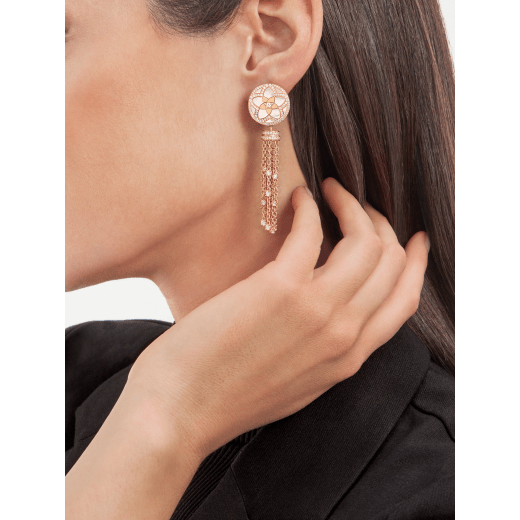 Jannah Flower 18 kt rose gold earrings set with mother-of-pearl inserts and pavé diamonds, and with an 18 kt rose gold and pavé diamond tassel 358488 image 4