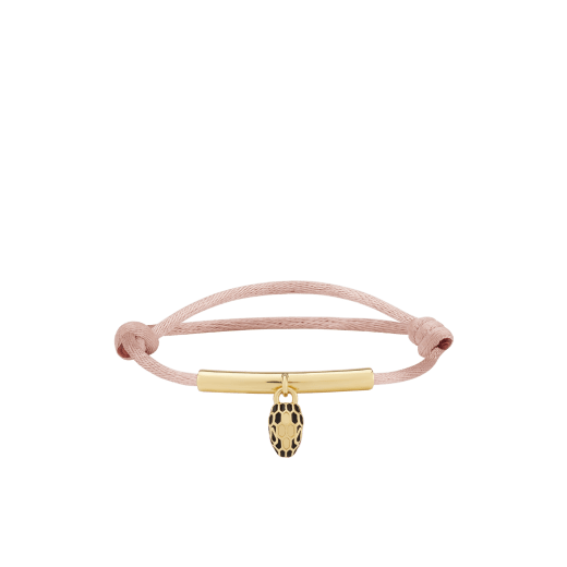 Serpenti Forever bracelet in mimetic jade green fabric. Gold-plated brass tubular element and captivating snakehead charm embellished with black and white agate enamel scales, and black enamel eyes. SERP-MINISTRINGe image 1