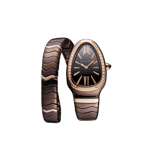 Serpenti Spiga single-spiral watch with treated ceramic case, 18 kt rose gold bezel set with diamonds, brown dial and treated ceramic bracelet with 18 kt rose gold elements 103060 image 1