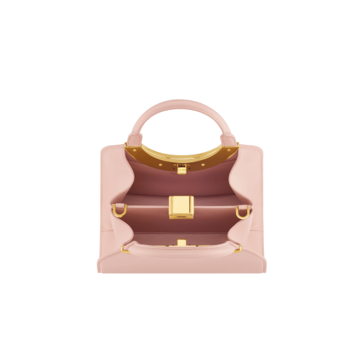Bvlgari Roma small top handle bag in black Metropolitan calf leather with black nappa leather lining. Iconic metal detail in antique gold-plated brass engraved with the Bvlgari logo, and press button closure. BVR-001-1270S image 3