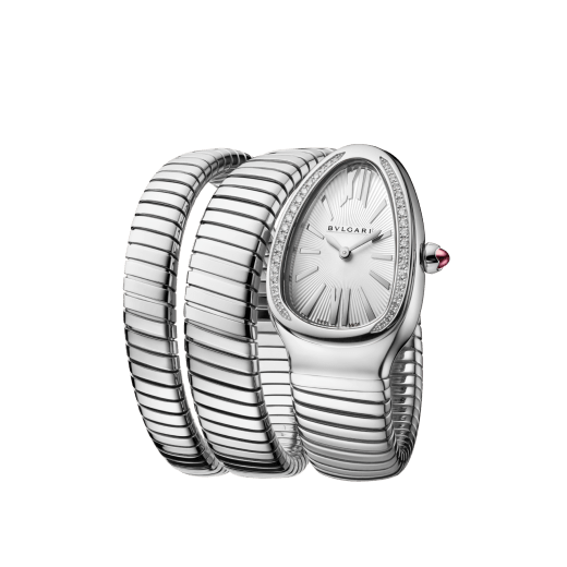 Serpenti Tubogas Uhr mit doppelt geschwungenem Armband, Gehäuse und Armband aus Edelstahl, Lünette mit Diamanten im Brillantschliff und silberfarbenem Opalin-Zifferblatt. SP35C6SDS-2T-WG image 2